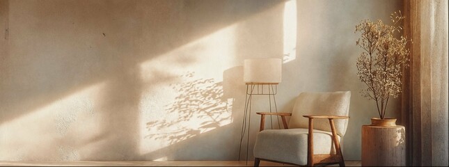 A minimalist interior scene with soft sunlight streaming through the window, casting gentle shadows on an empty wall. A single chair and vase of dried flowers add texture to the composition