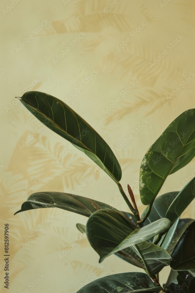 Aufkleber subtle image of lush green leaves with dramatic shadows on a textured yellow background symbolizing 
