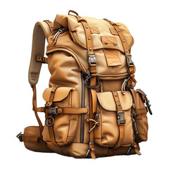Sturdy khaki backpack for hiking, with an external frame and hip belt, isolated on transparent background.PNG File. 
