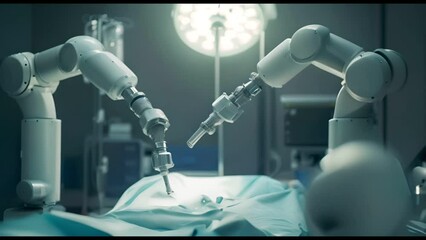 A futuristic robot arm that performs automated medical surgery Future medical technology and precision patient care - Powered by Adobe