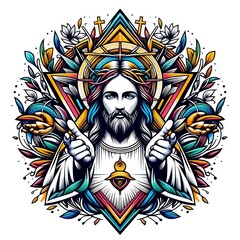 A colorful illustration of a jesus christ holding two hands image lively card design illustrator.