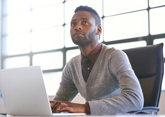 Business, thinking and black man with laptop, opportunity and problem solving with decision,...