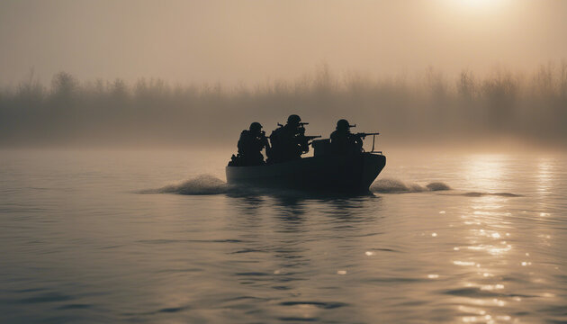 silhouette of underwater commando team advancing on boat in foggy sunrise.