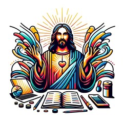 A colorful illustration of a jesus christ lively has illustrative meaning used for printing card design illustrator.