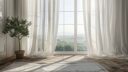 Elegant interior scene featuring a bright, airy room with white curtains framing a large window...