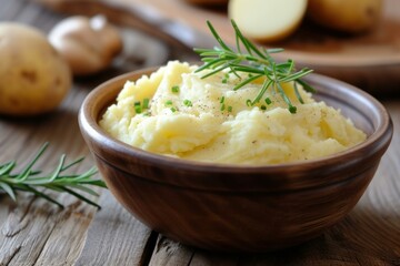 Bowl of mashed potatoes garnished with rosemary and chives on a rustic wooden table - Powered by Adobe