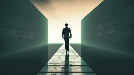 A man walking alone in a dark tunnel toward a bright light at the end.