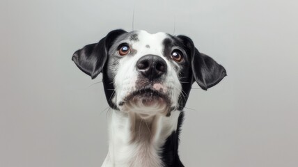 Studio portrait of a black and white dog looking forward on a light gray background