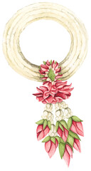 Thai garland colorful flower for Mother's day, Songkran festival or religion buddhism observation day. Phuang malai thai floral garland flowers. Watercolor illustration.