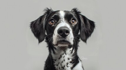 Studio portrait of a black and white dog looking forward on a light gray background