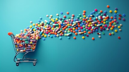 Emerging trend  online pharmacy shopping cart filled with a wide variety of medications