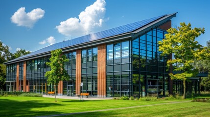 Obraz premium A large building with a lot of windows and a green roof