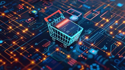 An illustration of a shopping cart on a circuit board. The shopping cart is made of metal and has a red handle. The circuit board is blue and has orange and yellow lines.