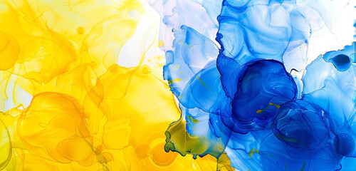 Lemon yellow and cobalt blue abstract background with alcohol ink and oil paint texture.