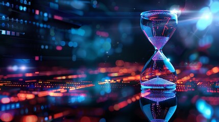 An hourglass timer with a blue and purple sand sits in front of a glowing blue and purple background.