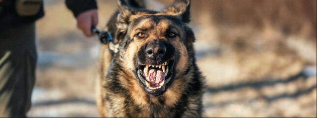 Close-up of an angry police dog barking at the camera, with a police officer holding its leash in a rural area during the day. German Shepherd's mouth is open with its teeth showing.