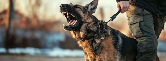 Close-up of an angry police dog barking at the camera, with a police officer holding its leash in a rural area during the day. German Shepherd's mouth is open with its teeth showing.