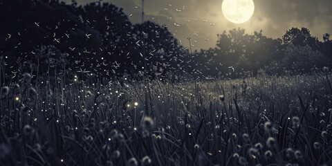 A peaceful field of grass under a full moon. Ideal for nature or night-themed projects