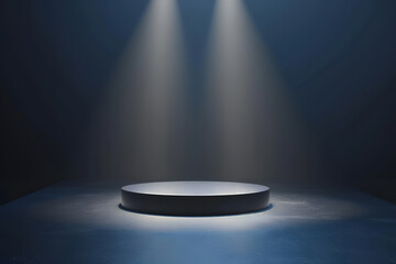 Round podium illuminated by searchlights Podium for product presentation. Generative Ai.