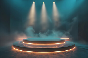 Round podium illuminated by searchlights Podium for product presentation. Generative Ai.
