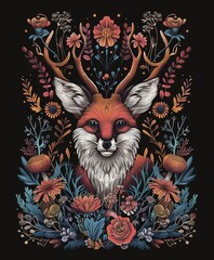 Enchanting Floral Deer Illustration with Vibrant Botanical Elements and Intricate Design