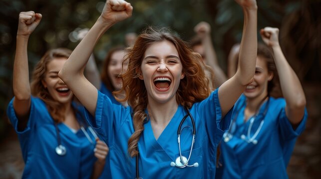 Diverse student nurses celebrate medical education with joyful cheers in nurse uniforms