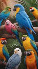 Photo wallpaper. Tropical birds sitting on branches with 3D effect. Generative AI, Generative, AI