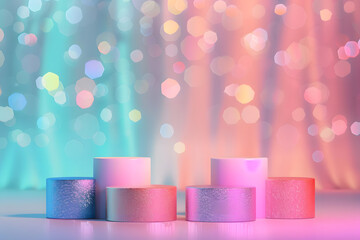 Set of 3d background with cylinder pedestal podium in pink, orange, blue with glowing glitter...