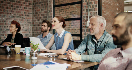 Business people, meeting and brainstorming presentation.in boardroom for startup for funding, review or teamwork. Men, women and conference room for collaboration project planning, target or goals