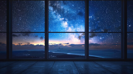 Panoramic window overlooking the starry sky and horizon