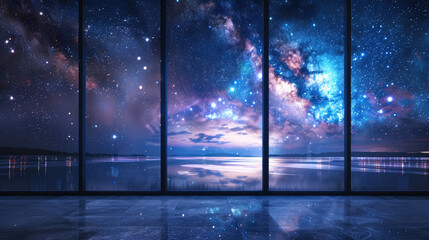 Panoramic window overlooking the starry sky and horizon