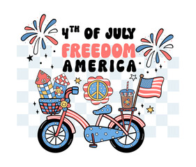 Groovy 4th of July bycicle Cartoon Trendy doodle collection idea for Shirt Sublimation printing