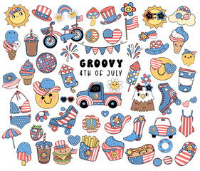 Groovy 4th of July element collection Cartoon Trendy doodle set idea for Shirt Sublimation printing