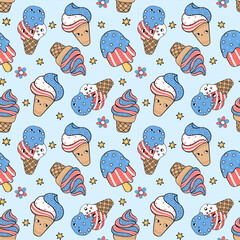 Groovy 4 th of July Seamless Pattern Retro Summer Ice Cream Trendy cartoon character isolated on background