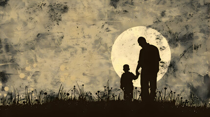 Naklejka premium fathers day painting silhouette with dad and son on watercolor background.father and child in the sunset watercolor card design.generative ai 