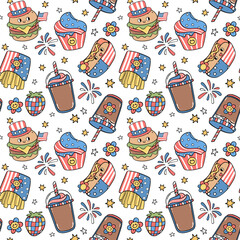 Groovy 4th of July seamless pattern Food Trendy cartoon character isolated on background