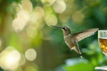 Obraz premium A vibrant hummingbird hovers over a glass of tea, perfect for nature and beverage concepts