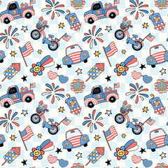Groovy 4th of July seamless pattern Retro America firework and truck Trendy cartoon character isolated on background