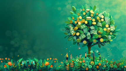 Money tree with coins and bills on a vibrant green backdrop, AI-generated image.
