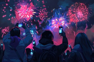 Group of people capturing fireworks, perfect for event promotion