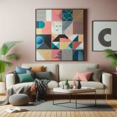 A living room with a template mockup poster empty white and with a couch and a coffee table image realistic photo lively.