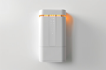 A wall-mounted water purifier with a sleek white body and indicator lights for filter life remaining isolated on a solid white background.