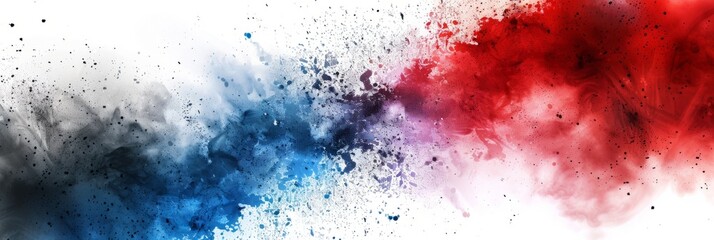 Labor day Red, White and Blue colored dust explosion background. Splash of American flag colors smoke dust on white background, Independence Day, Memorial Day patriotic abstract pattern