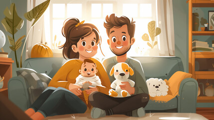 Animated family with baby and pets enjoy time together in a cozy living room, sunlight streaming in, AI-generated image.