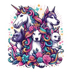 Many dogs and unicorns image art realistic used for printing illustrator.