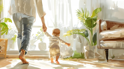Baby's first steps with parent in sunlit room, shadow play on wooden floor, AI-generated image