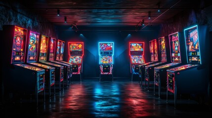 Row of classic pinball machines in an arcade, featuring vintage designs and colorful lights