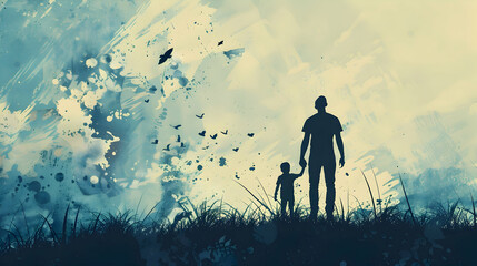Fototapeta premium fathers day painting silhouette with dad and son on watercolor background.father and child in the sunset watercolor card design.generative ai 