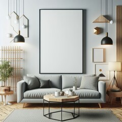 A living room with a template mockup poster empty white and with a couch and a table standardscalex image photo lively used for printing.