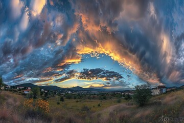  A valley, obscured by low-lying clouds, is bathed in sunlight as it fades over mountain silhouettes at dusk. Beautiful simple AI generated image in 4K, unique.